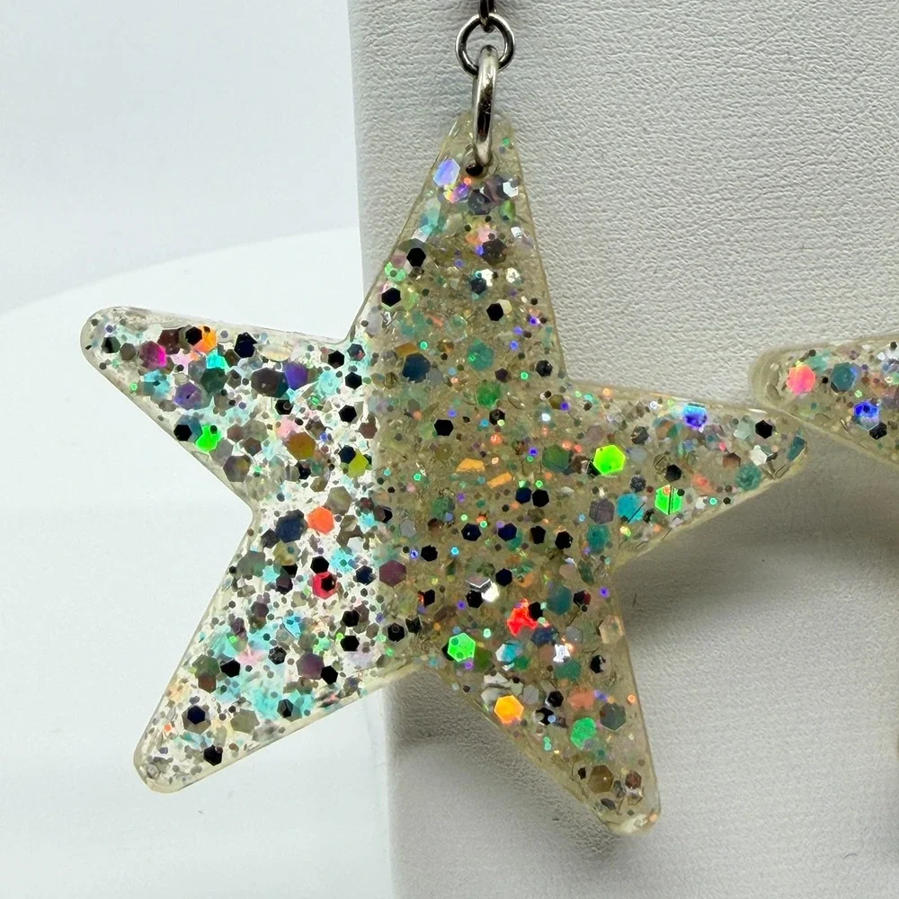Vintage Y2K Chunky Resin Star Glitter Earrings Silver Tone Dangle Celestial Hook